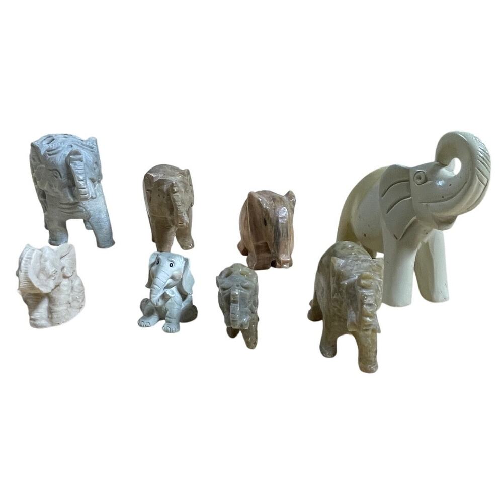 Vintage Set of 8 Marble and Soapstone Handcarved Elephants Great Condition